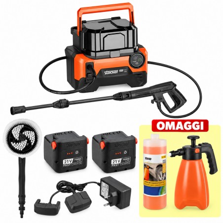 PROMO Stocker Kit Idropulitrice + 2 Batterie 4,0 Ah + Spazzola + Caricabatterie