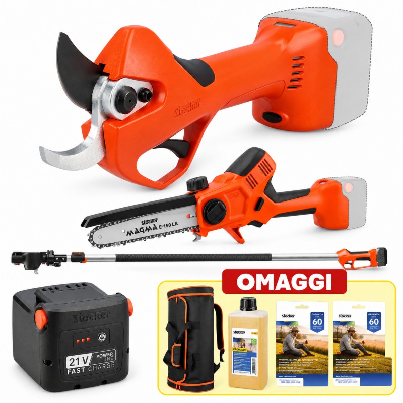 PROMO Stocker Kit Forbice Magma E-40 Tp + Motosega Magma E-150 La + Manico + Batteria 2,6 Ah 21V PROMO Stocker Kit Forbice Magma E-40 Tp + Motosega Magma E-150 La + Manico + Batteria 2,6 Ah 21V