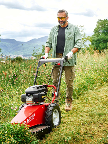Mowing with a Blue Bird FLO wheeled brushcutter.