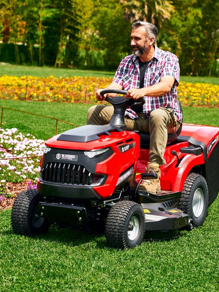 Lawn care with a rider from the Blue Bird range.