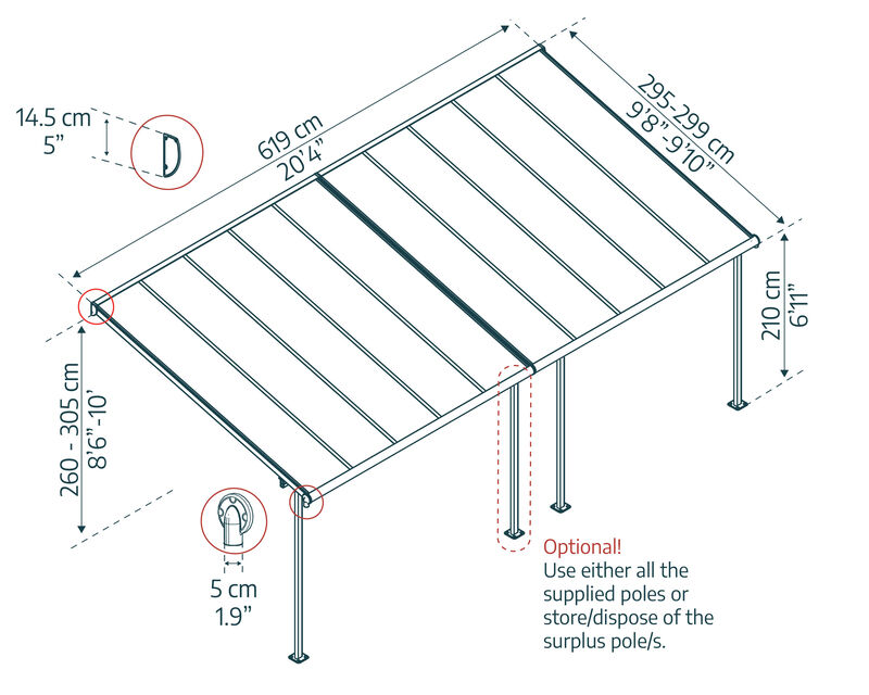 Pergola Sierra 3x3 M In Alluminio E Policarbonato - Tettoia Per Terrazza, Grigio, Utilizzo Tutto L'Anno, Canopia